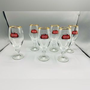 6 Stella Artois Chalice 33CL Beer Glass Pub Bar Pint Glasses Gold Rim Rose Stem